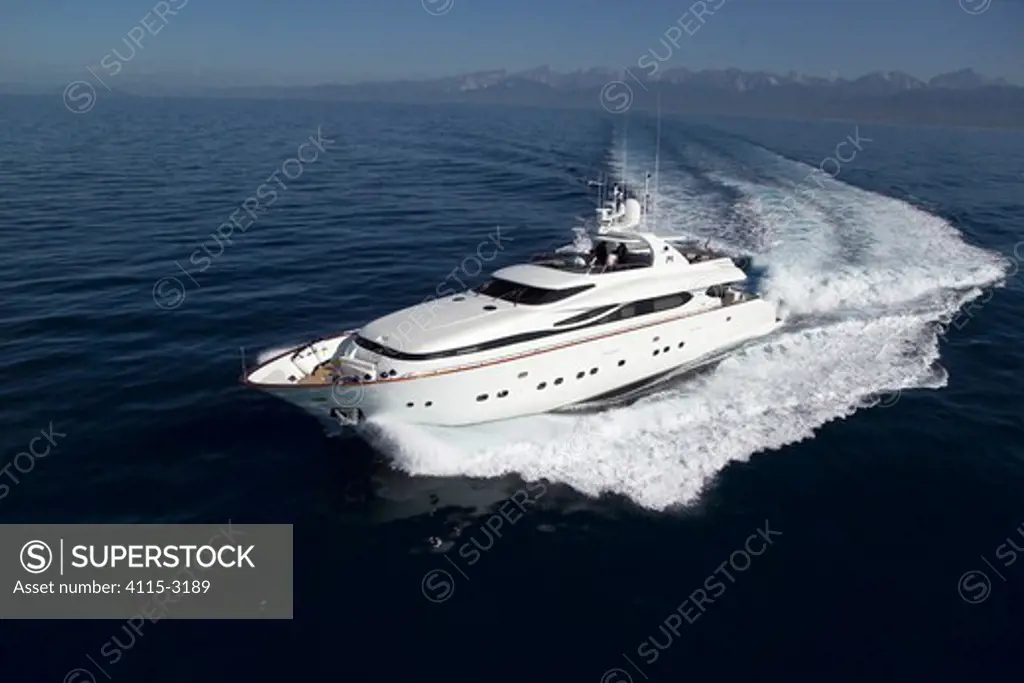 Luxurious 35-metre Gaia motoryacht, from the Cantieri Maiora boathouse, cruising along the coast of Viareggio, Italy.