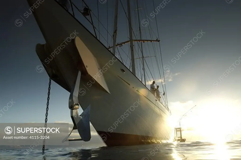 180ft Superyacht 'Adele' anchored in the tropical waters of French Polyenisia, off the Society Island of Huahine. 180-foot Andre Hoek designed yacht was built by the renowned Vitters Shipyard in Holland