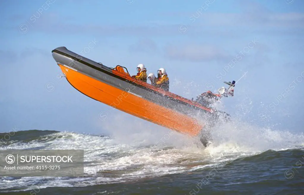 Hayling Island's Atlantic 21 lifeboat gets airborne on Chichester Harbour Bar, UK.