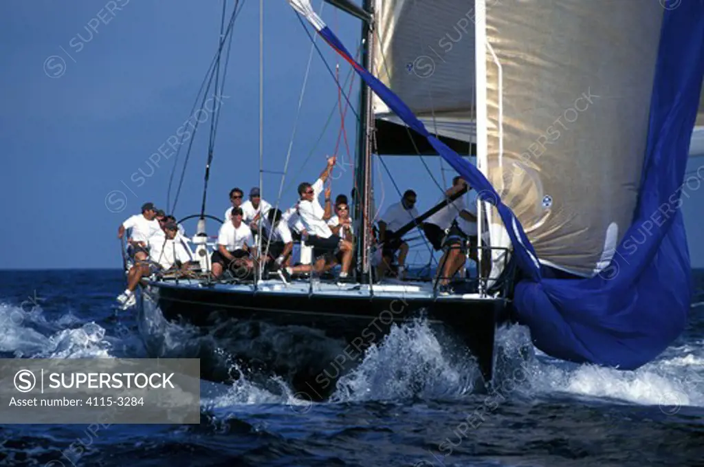 Teamwork for a spinnaker hoist aboard the 78ft Maxi 'Sagamore' at Antigua Race Week, 1997.