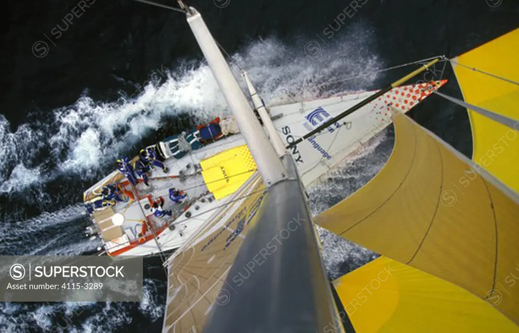 Aerial view from the masthead of 'EF Language', competing in the Whitbread Round the World Race 1997-98.
