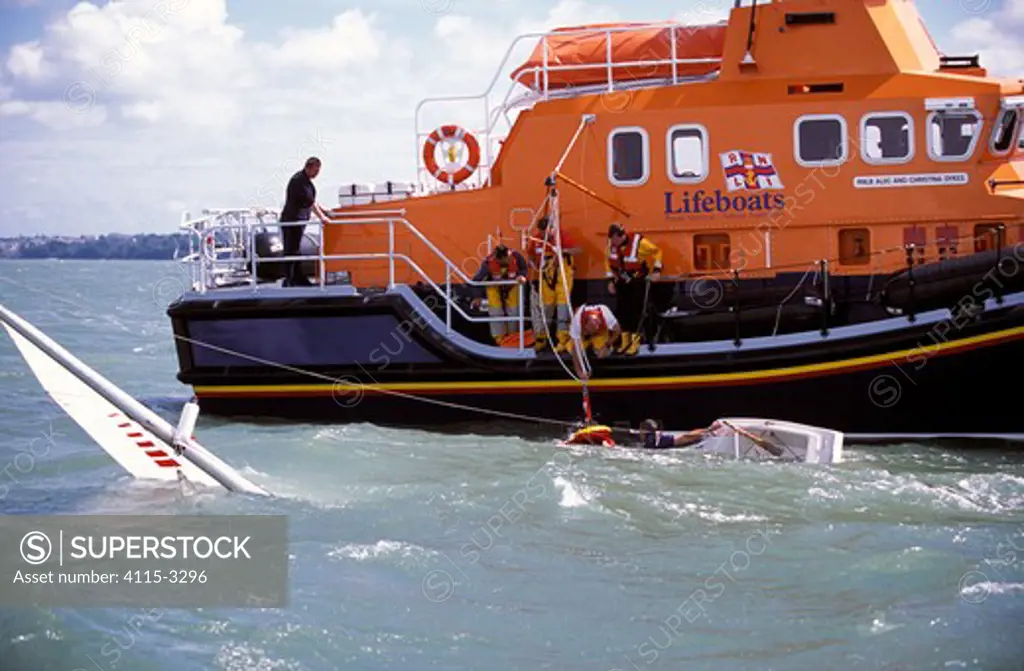 Torbay's Severn Class lifeboat rescues a Sonar during a blustery Cowes Week, UK, 2001.