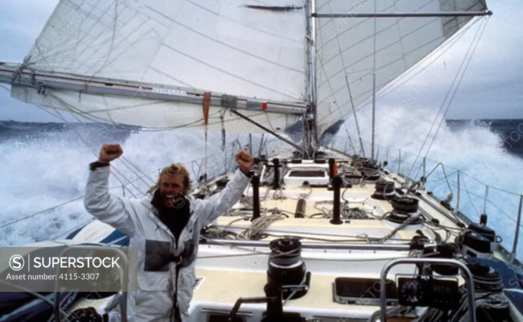 Magnus Olssen celebrates a new top speed in the Southern Ocean aboard Simon le Bon's maxi yacht 'Drum' during the Whitbread Round the World Race, 1985.