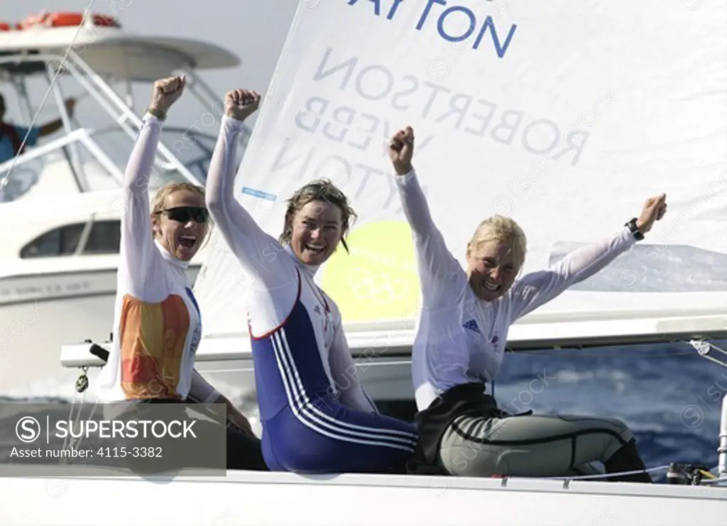 Women's Yngling crew Shirley Robertson, Sarah Webb and Sarah Ayton celebrate after winning Great Britain's first Gold Medal at the Olympic Games, Athens, 19 August 2004.