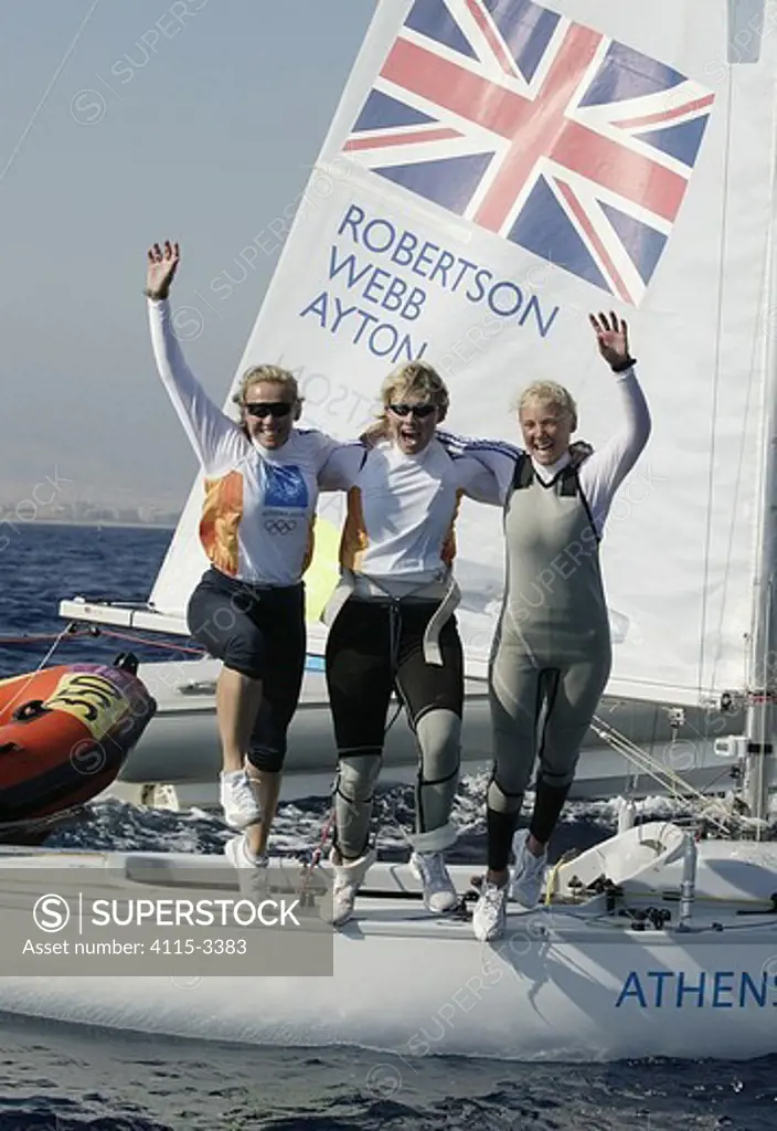 Women's Yngling crew Shirley Robertson, Sarah Webb and Sarah Ayton celebrate after winning Great Britain's first Gold Medal at the Olympic Games, Athens, 19 August 2004.