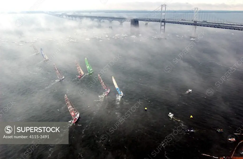 Start of leg 7 of the Volvo Ocean Race by the Bay Bridge, Baltimore USA to La Rochelle France, 2001-2002.