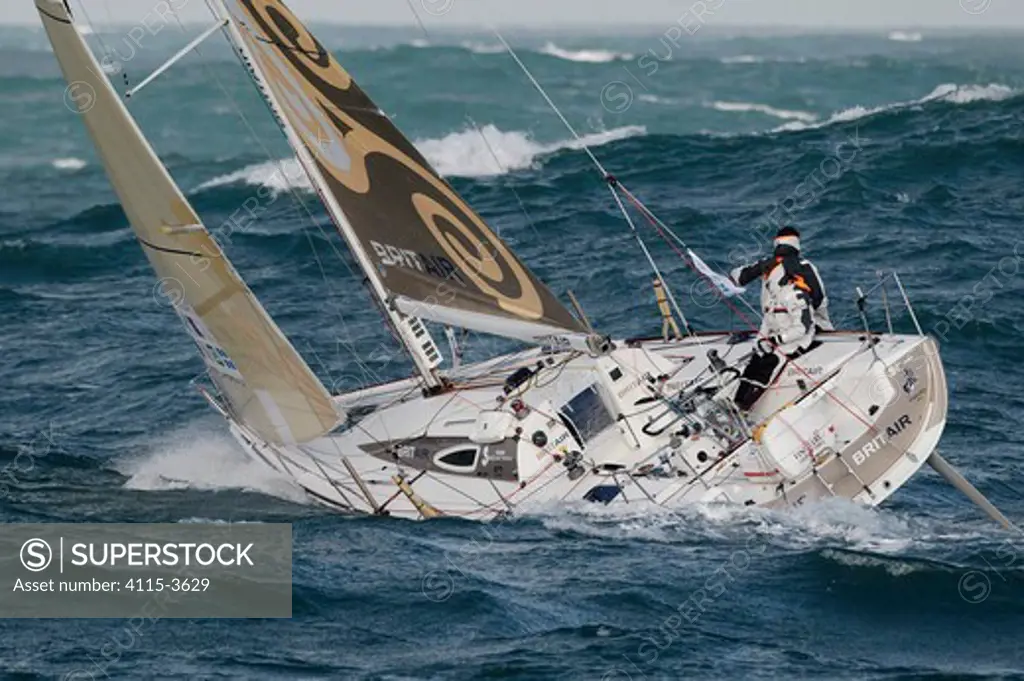 Fabien Delahaye and Armel Le Cléac'h on Figaro yacht 'Brit Air', Transat AG2R, Port la Foret, Brittany, March 2010.