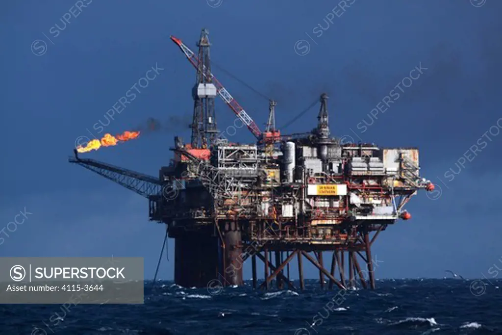 Ninian Southern' production platform blowing off gas, 90 miles East of the Shetland Isles, March 2010.