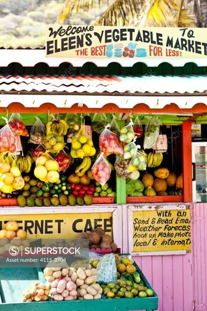 Fruit and vegetable stall in market, Grenadines, Caribbean, February 2010.