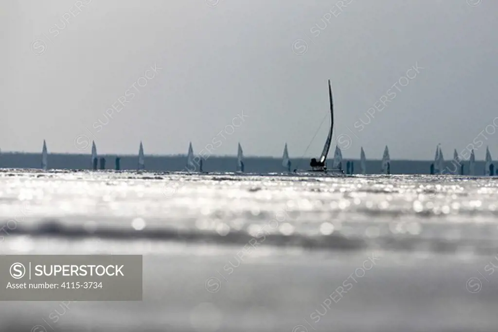 Fleet of ice yachts int he ice during the DN (Detroit News) Ice Sailing World Championship Neusiedlersee, Austria, 2010.