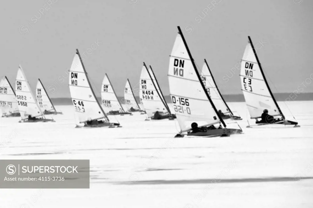 Fleet racing in the DN (Detroit News) Ice Sailing World Championship. Neusiedlersee, Austria, 2010.