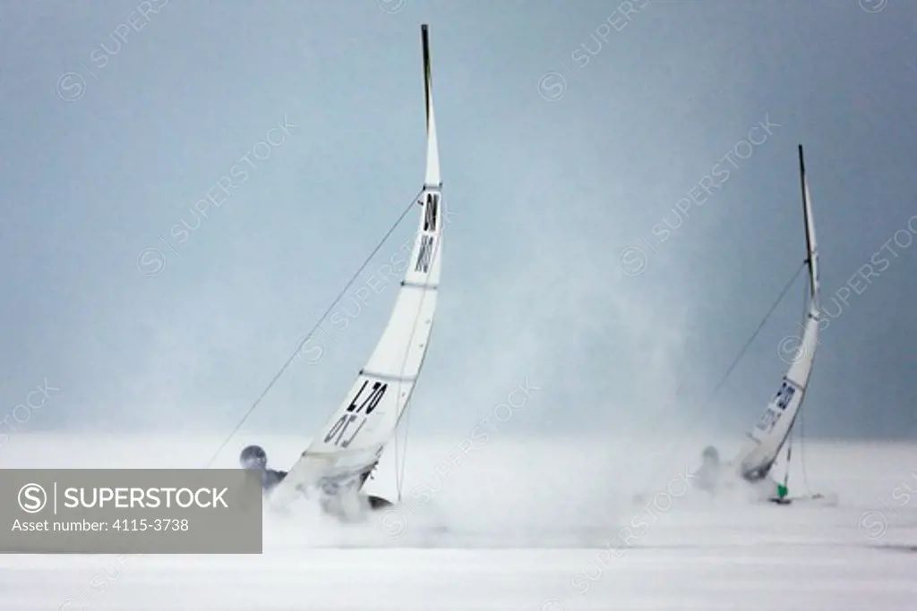 Racing in the DN (Detroit News) Ice Sailing World Championship. Neusiedlersee, Austria, 2010.