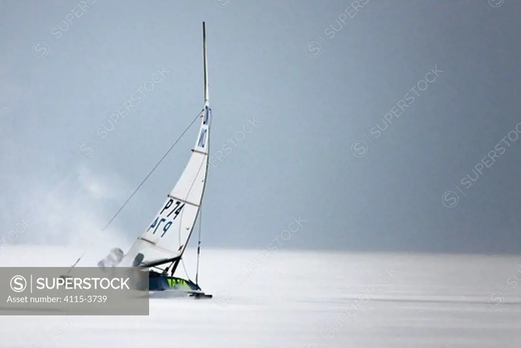 P-74 Jerzy Taber (Poland) during the DN (Detroit News) Ice Sailing World Championship. Neusiedlersee, Austria, 2010.