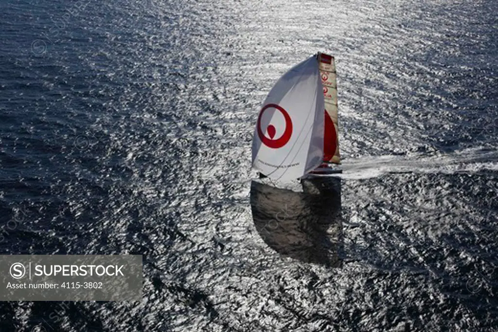 Aerial view of 'Veolia Environment 2', skippered by Roland Jourdain, during qualification for 2010 Route du Rhum, France, 2010.