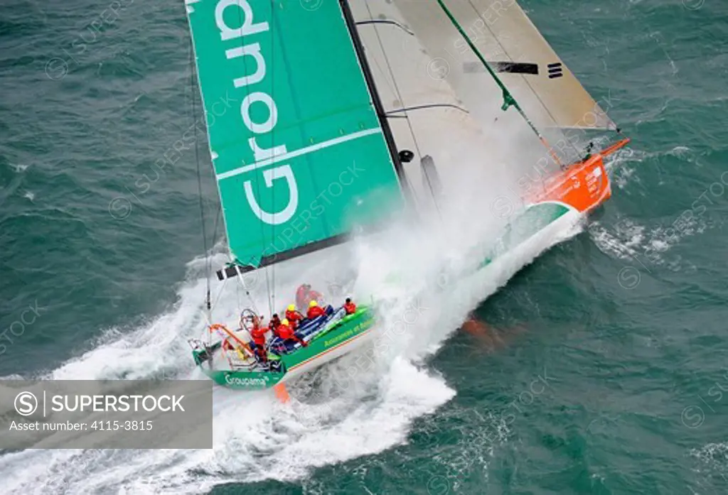 Open 70 'Groupama' off Selsey Bill during the Sevenstar Round Britain and Ireland Race, August 2010. All non-editorial uses must be cleared individually.