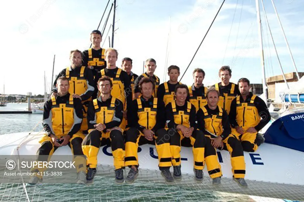 Team on board maxi trimaran 'Banque Populaire V' ahead of Jules Verne Trophy attempt 2010-11. France, September 2010.