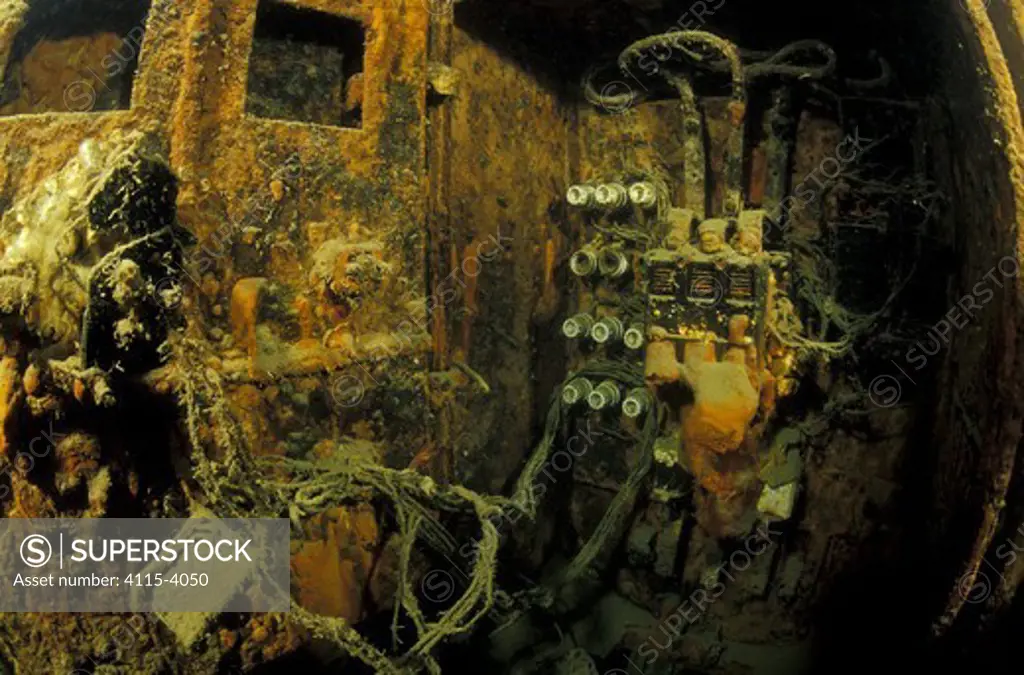 Electricity system in engine room of wrecked crude oil super-tanker 'Amoco Milford Haven', which sank on April 14th, 1991 after three days of fire. Genoa, Italy, 2002.