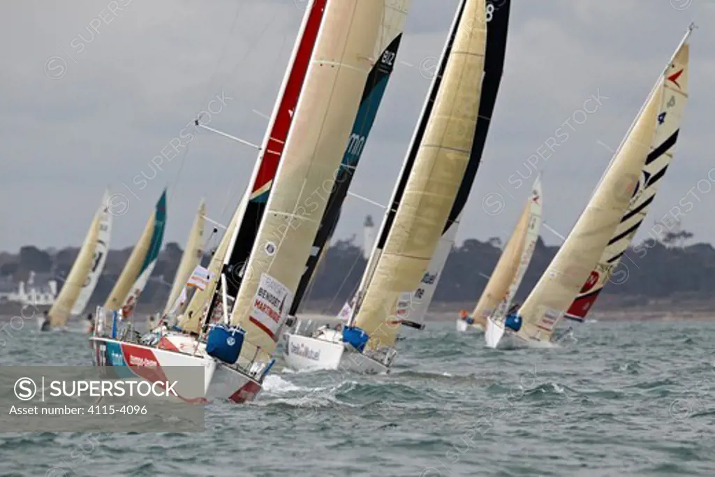 Fleet racing in a prologue to Transat Benodet-Martinique at the start of Figaro Season. Bay of Benodet, Brittany, France, April 2011.