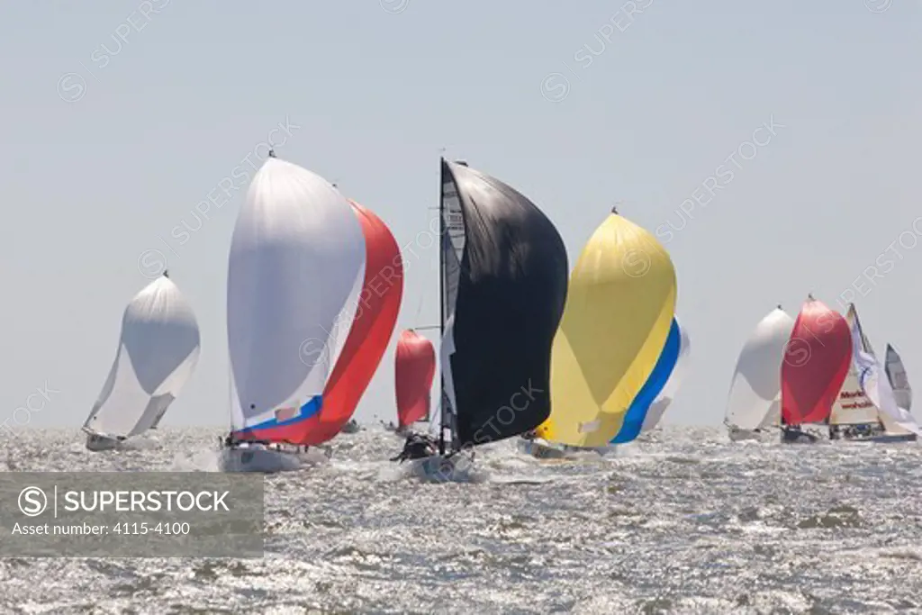 Fleet racing under spinnaker at Charleston Race Week, South Carolina, USA, April 2011.