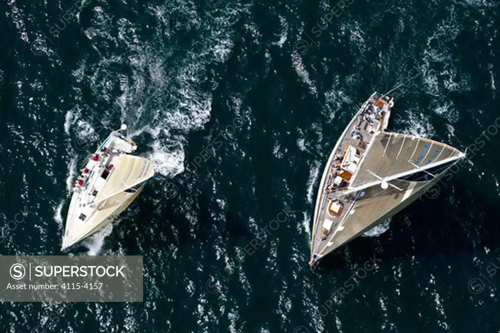Aerial view of two yachts racing at the beginning of the Newport-Bermuda Race, Rhode Island, USA, June 2010. All non-editorial uses must be cleared individually.