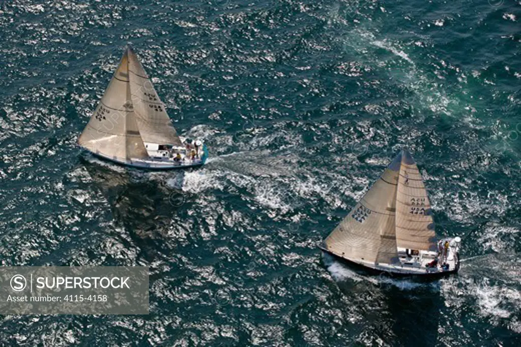 Aerial view of J44s 'Runaway' and 'Gold Digger' racing at the beginning of the Newport-Bermuda Race, Rhode Island, USA, June 2010. All non-editorial uses must be cleared individually.