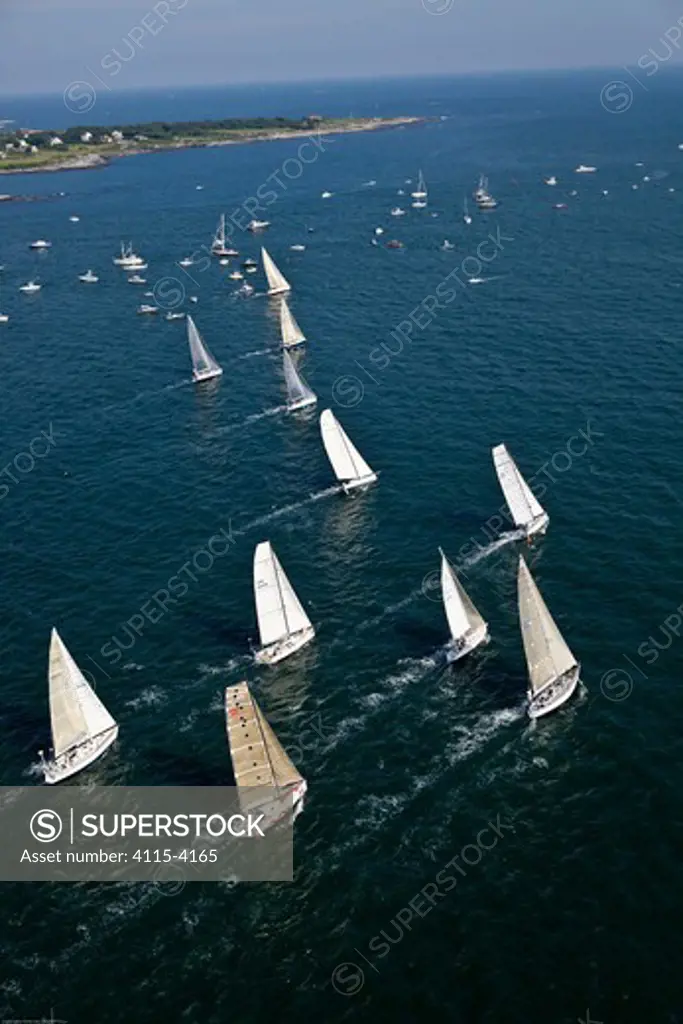 Aerial view of fleet beginning the Newport-Bermuda Race, Rhode Island, USA, June 2010. All non-editorial uses must be cleared individually.