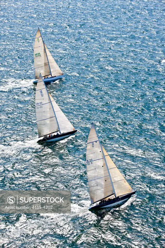 Aerial view of three yachts racing in the 12 Metre North American Championships. Newport, Rhode Island, USA, September 2010. All non-editorial uses must be cleared individually.