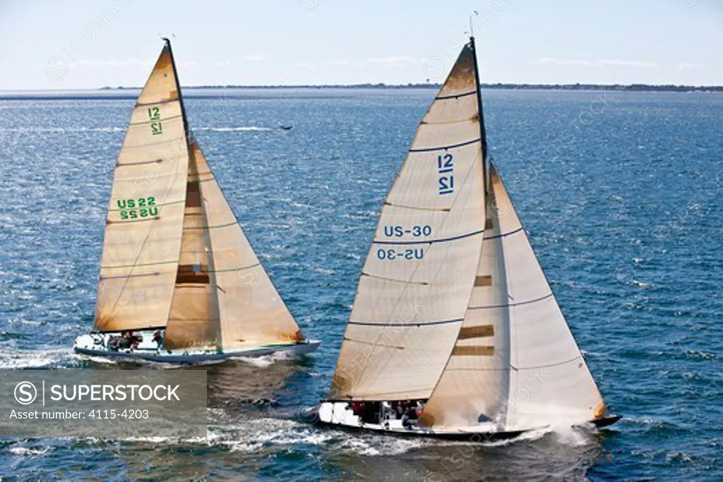 Two yachts racing in the 12 Metre North American Championships. Newport, Rhode Island, USA, September 2010. All non-editorial uses must be cleared individually.