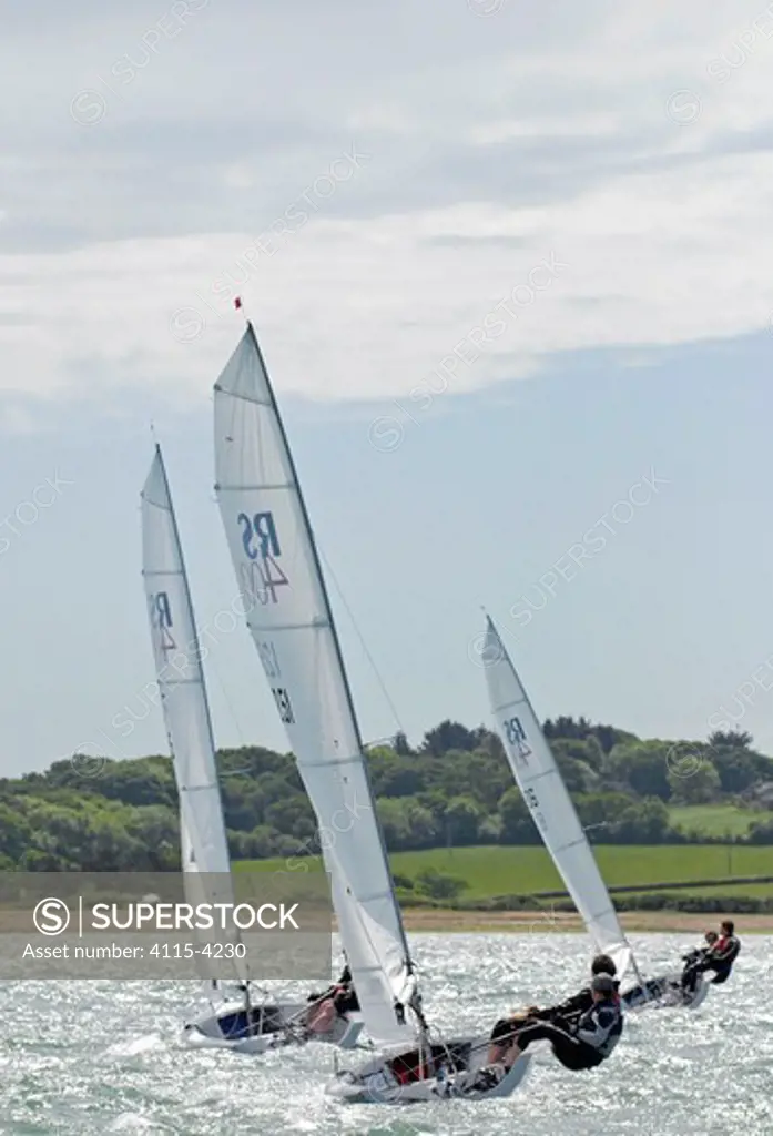 Three boats racing during the RS400 Gull Grand Prix. Thorness Bay, Isle of Wight, England, May 2011.