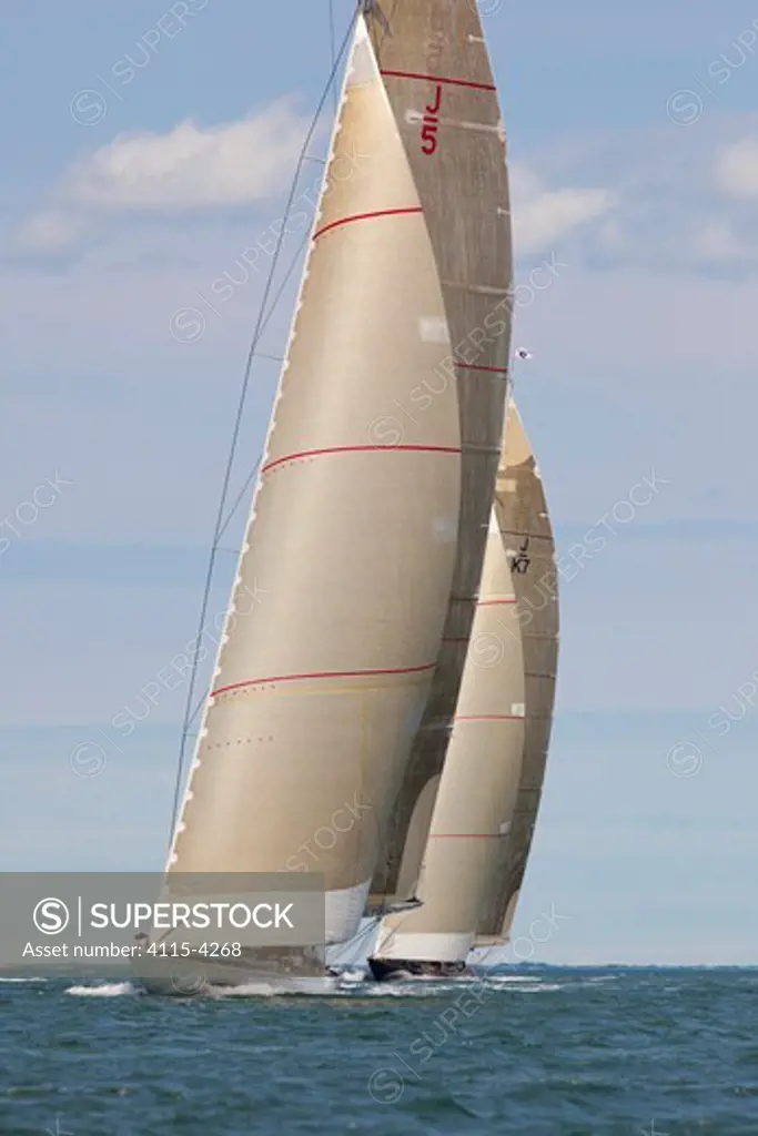 J-Class yachts 'Ranger' and 'Velsheda' close racing in the J Class Regatta, Newport, Rhode Island, USA, June 2011. All non-editorial uses must be cleared individually.
