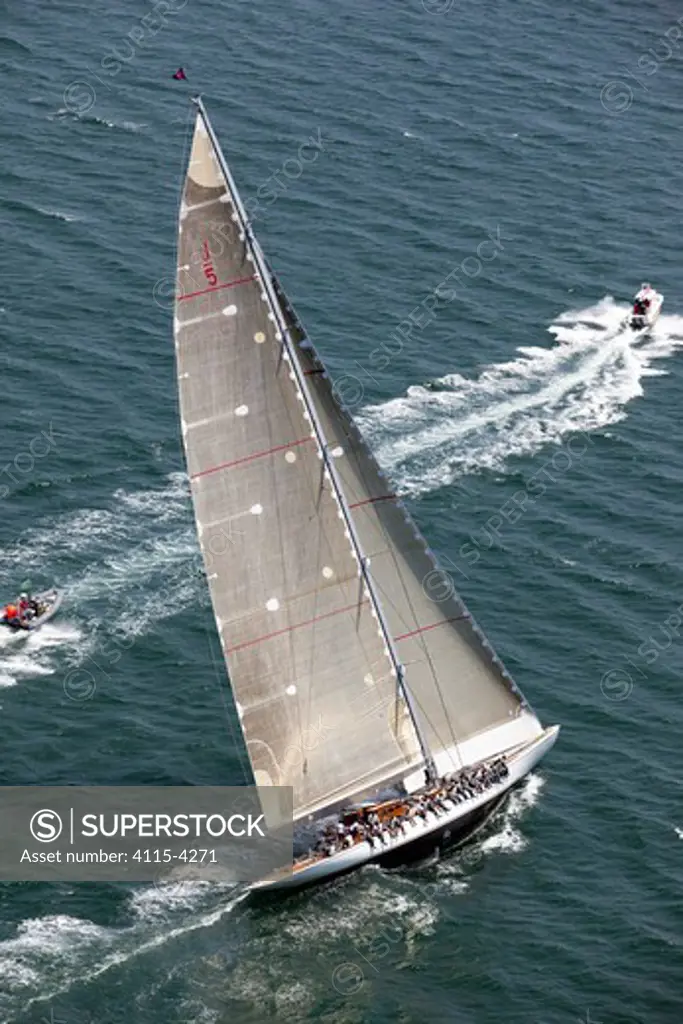 Aerial view of J-Class replica 'Ranger' during a race in the J Class Regatta, Newport, Rhode Island, USA, June 2011. All non-editorial uses must be cleared individually.
