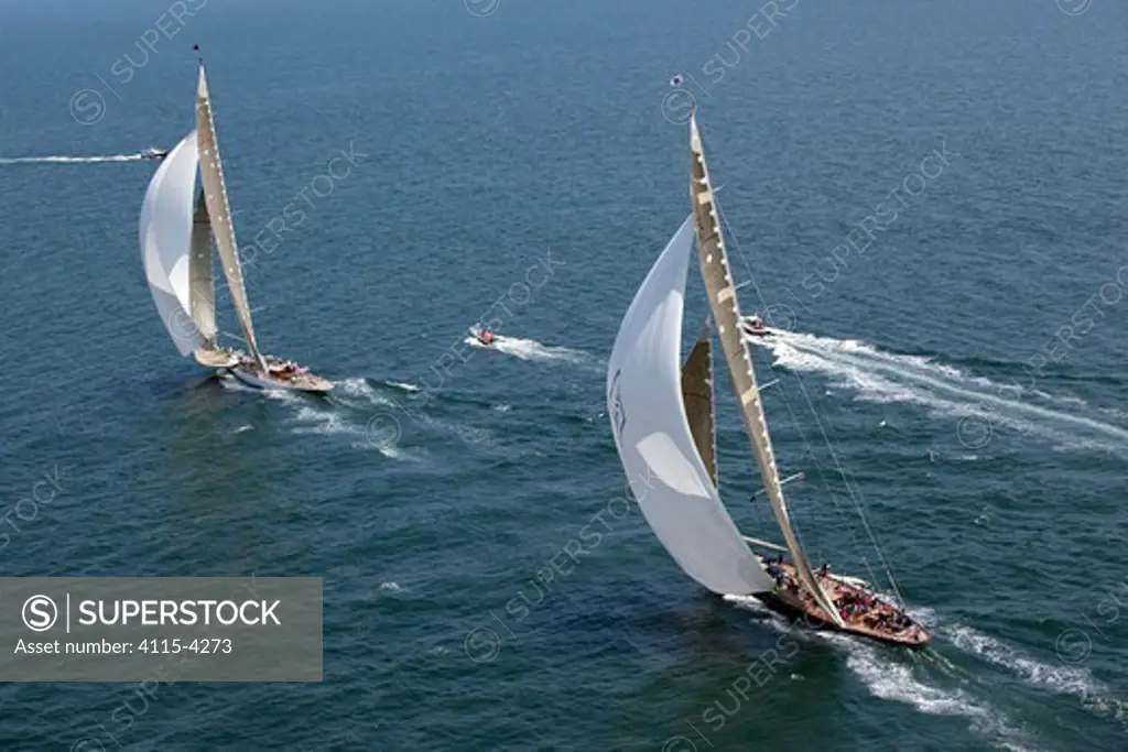 Aerial view of J-Class yachts 'Ranger' and 'Velsheda' racing in the J Class Regatta, Newport, Rhode Island, USA, June 2011. All non-editorial uses must be cleared individually.