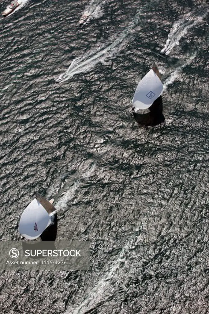 Aerial view of 'Ranger' leading 'Velsheda' during a race in the J Class Regatta, Newport, Rhode Island, USA, June 2011. All non-editorial uses must be cleared individually.