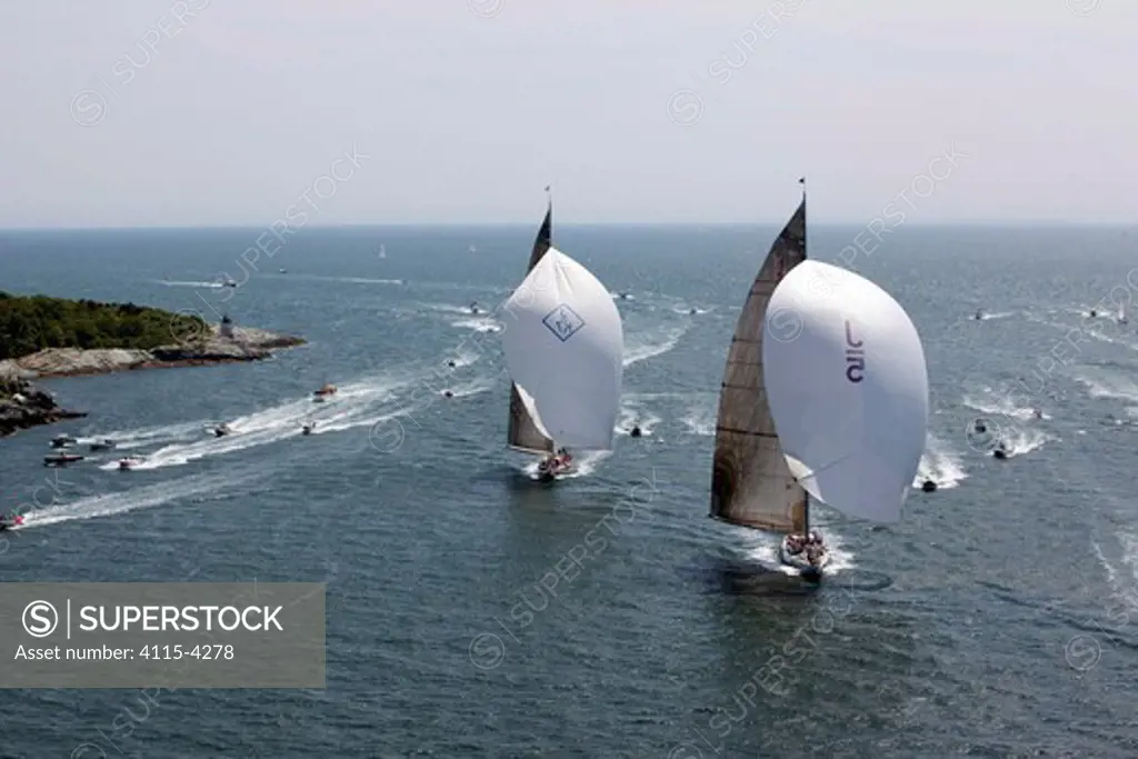 J-class yachts 'Ranger' and 'Velsheda' racing under spinnaker during the J Class Regatta, Newport, Rhode Island, USA, June 2011. All non-editorial uses must be cleared individually.