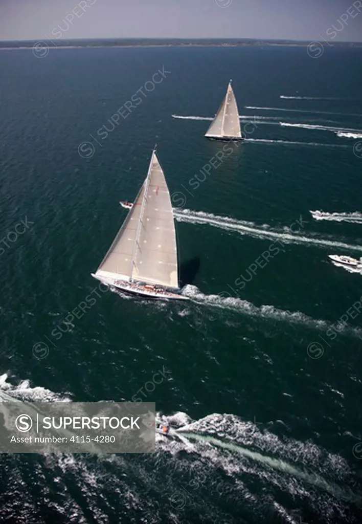 Aerial view of J-class yachts 'Ranger' and 'Velsheda' racing in the J Class Regatta, Newport, Rhode Island, USA, June 2011. All non-editorial uses must be cleared individually.