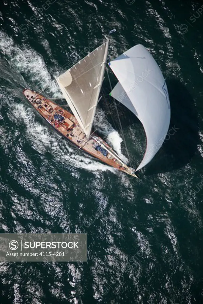Aerial view of J-class yacht 'Velsheda' under spinnaker during the J Class Regatta, Newport, Rhode Island, USA, June 2011. All non-editorial uses must be cleared individually.