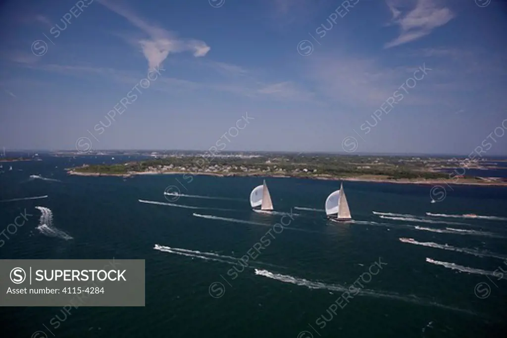 Aerial view of J-class yachts 'Ranger' and 'Velsheda' racing under spinnaker during the J Class Regatta, Newport, Rhode Island, USA, June 2011. All non-editorial uses must be cleared individually.