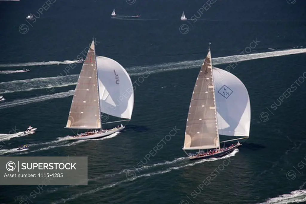 Aerial view of J-class yachts 'Ranger' and 'Velsheda' racing under spinnaker during the J Class Regatta, Newport, Rhode Island, USA, June 2011. All non-editorial uses must be cleared individually.