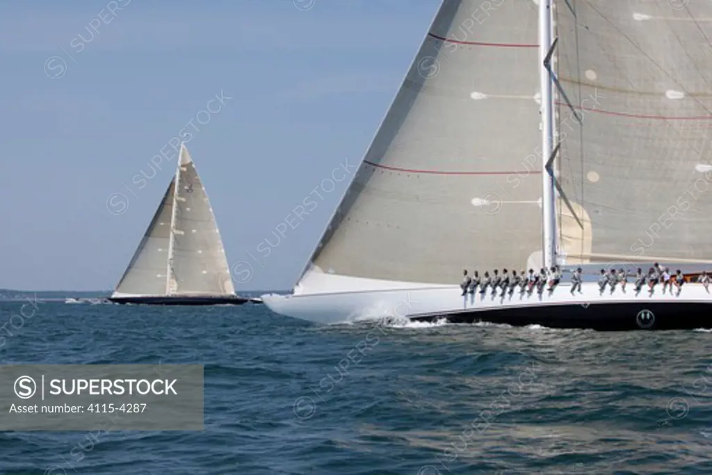 Crews hiking out on board J-class yachts 'Ranger' and 'Velsheda' during a race at the J Class Regatta, Newport, Rhode Island, USA, June 2011. All non-editorial uses must be cleared individually.