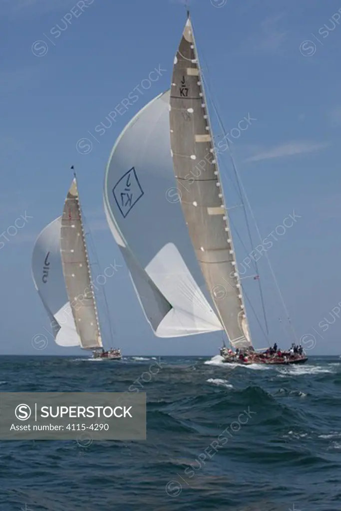 J-class yachts 'Velsheda' and 'Ranger' racing under spinnaker at the J Class Regatta, Newport, Rhode Island, USA, June 2011. All non-editorial uses must be cleared individually.