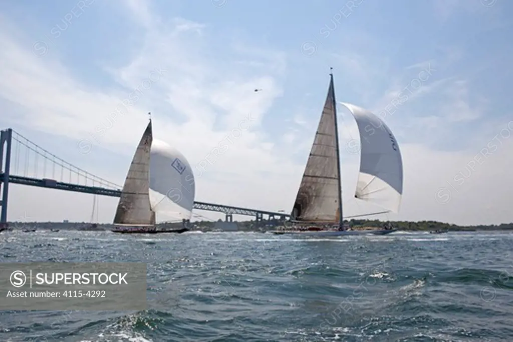 Velsheda' and 'Ranger' racing with the Newport Bridge beyond during the J Class Regatta, Rhode Island, USA, June 2011. All non-editorial uses must be cleared individually.