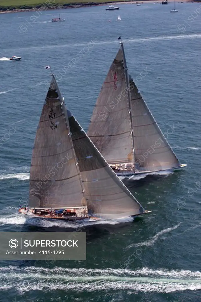 Aerial view of J-class yachts 'Ranger' and 'Velsheda' racing in the J Class Regatta, Newport, Rhode Island, USA, June 2011. All non-editorial uses must be cleared individually.
