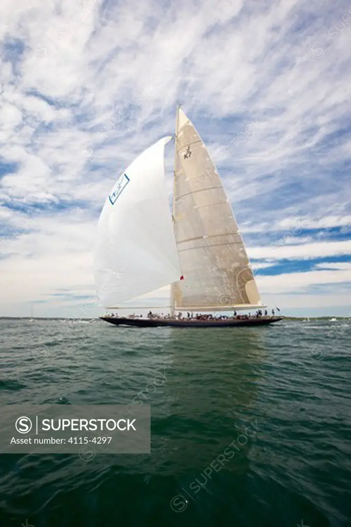 J-class yacht 'Velsheda' under spinnaker during the J Class Regatta, Newport, Rhode Island, USA, June 2011. All non-editorial uses must be cleared individually.