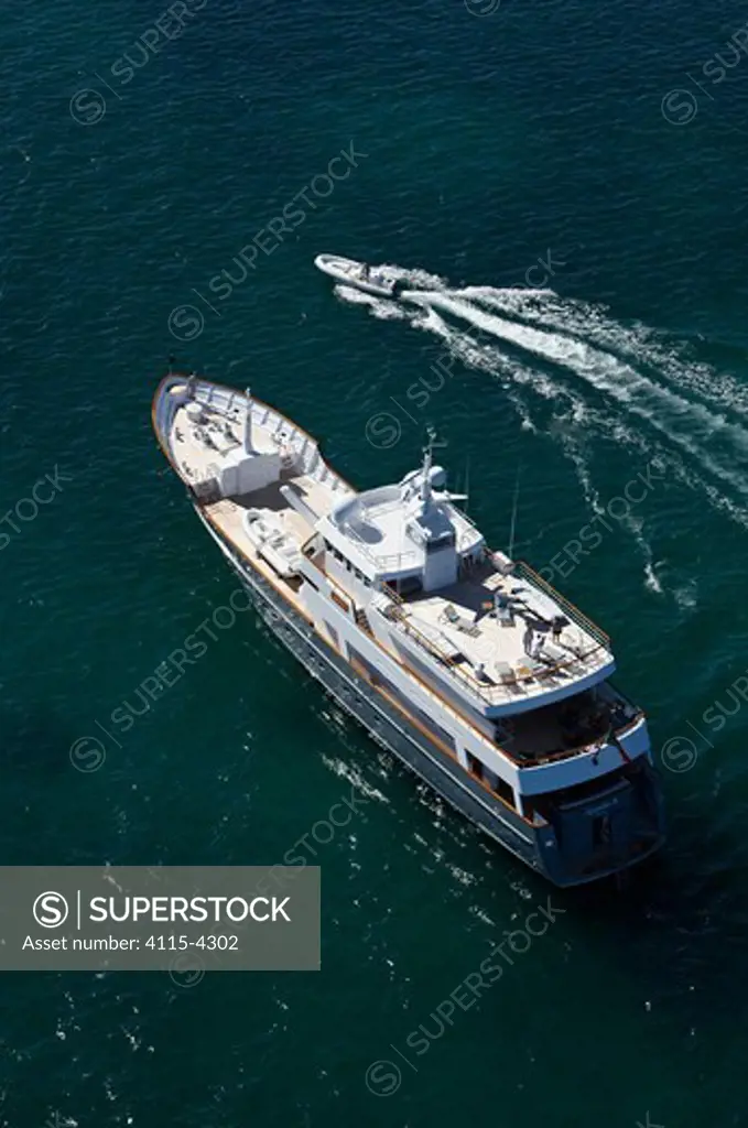 Aerial image of superyacht 'Axantha II' with tender alongside, Brittany, France, June 2011. All non-editorial uses must be cleared individually.