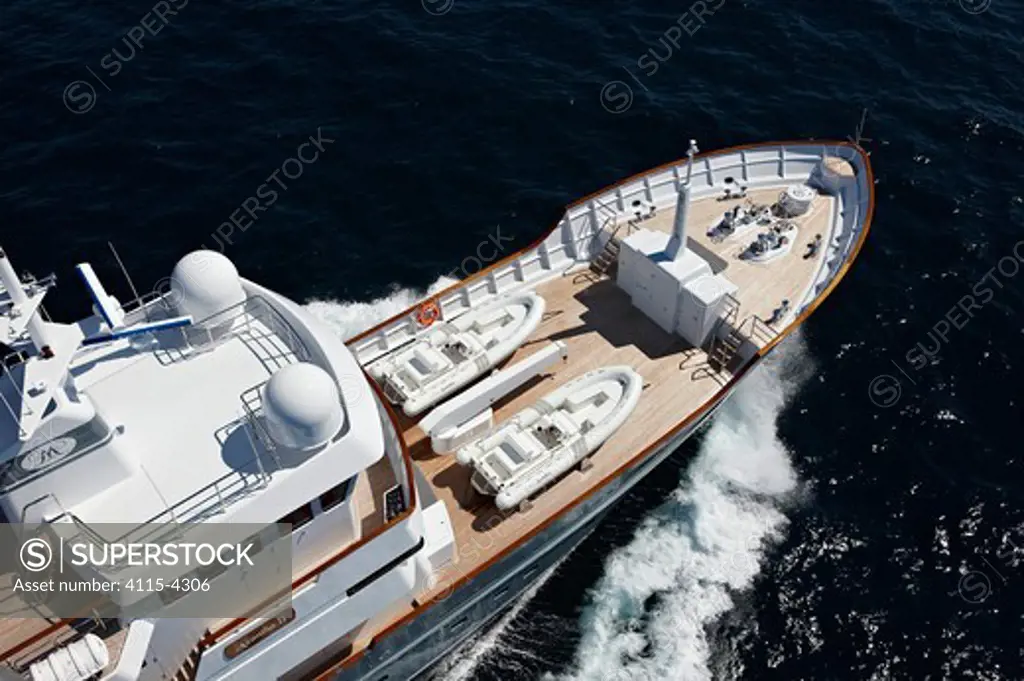 Aerial image of tenders on the foredeck of superyacht 'Axantha II', Brittany, France, June 2011. All non-editorial uses must be cleared individually.