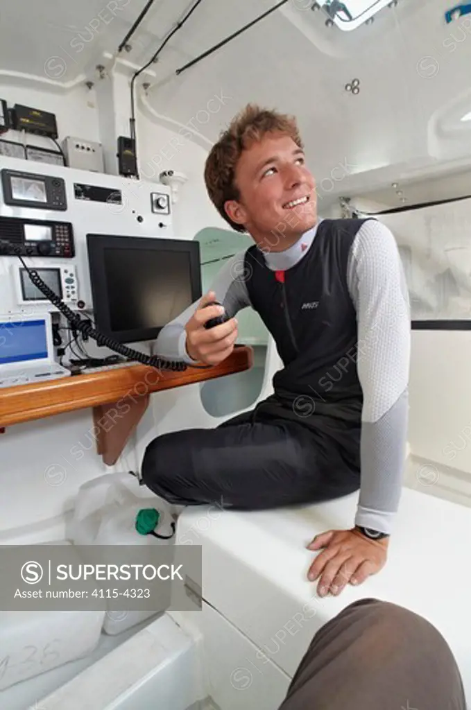 Skipper Sam Goodchild on board 'Artemis' ahead of La Solitaire du Figaro, France, July 2011. All non-editorial uses must be cleared individually.