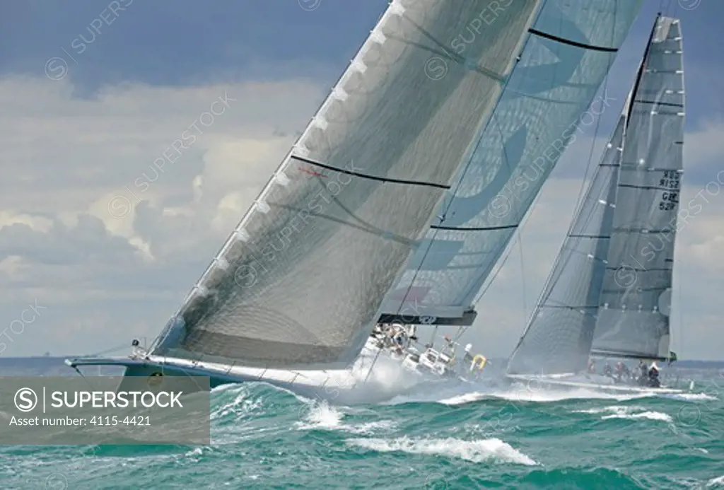 'ICAP Leopard' off The Needles to the west of the Isle of Wight during RORC Rolex Fastnet Race, England, August 2011. All non-editorial uses must be cleared individually.