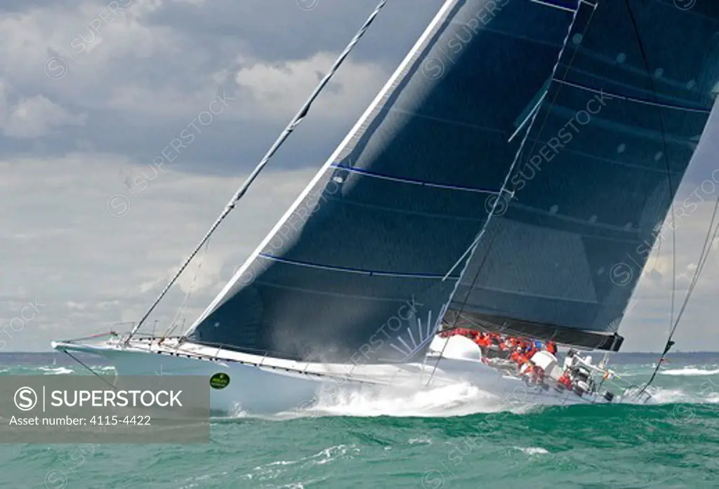 'Rambler 100' off The Needles to the west of the Isle of Wight during RORC Rolex Fastnet Race, England, August 2011. All non-editorial uses must be cleared individually.