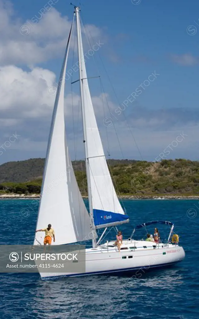 Sunsail yacht sailing in the British Virgin Islands, March 2006. Model released and property Released.
