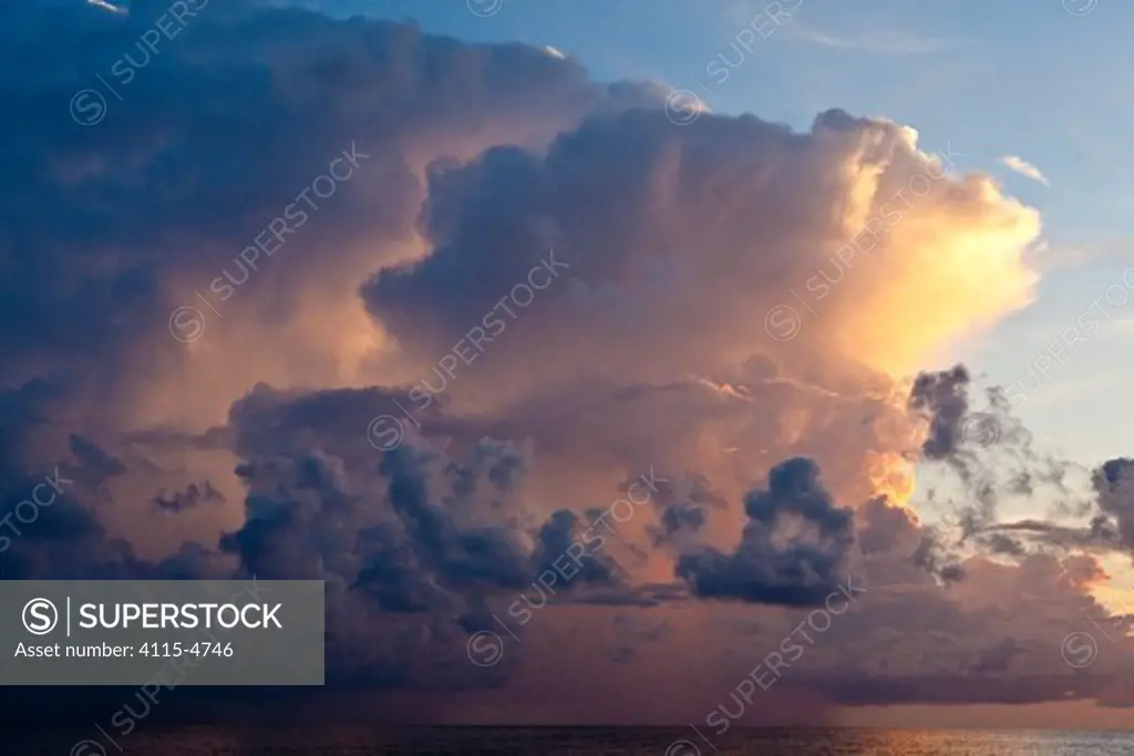 Cumulonimbus rainclouds at sunset, Exumas, Bahamas, Carbbean. June 2009.